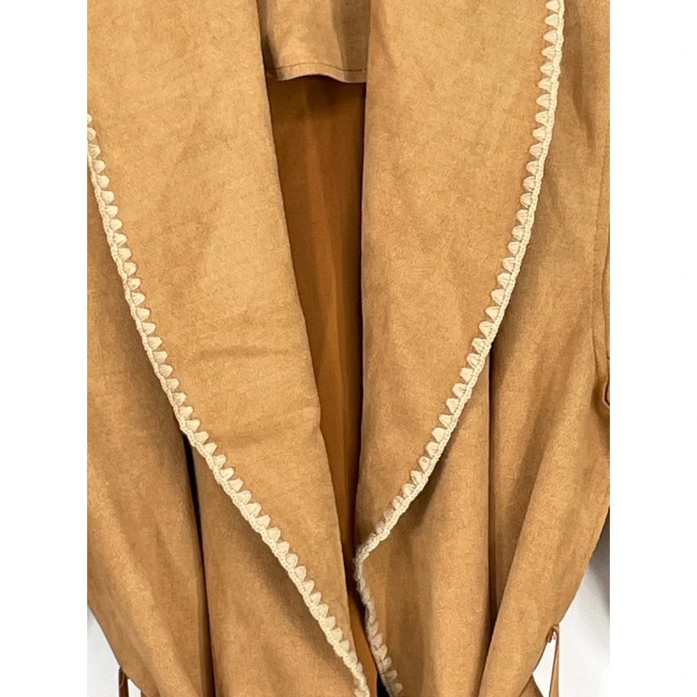 Cactus + Pearl Womens M Wrap Coat Tan Faux Suede Crochet Trim Belted Boho Flair